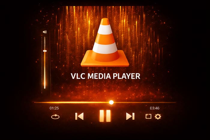 صورة توضيحية لشعار مخروط VLC Media Player وأزرار تشغيل الفيديو