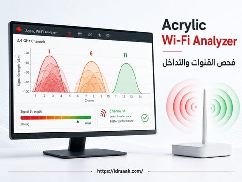 صورة برنامج Acrylic Wi-Fi Analyzer لتحليل قوة الإشارة والقنوات المزدحمة كأداة مساعدة في تقوية الواي فاي للكمبيوتر.
