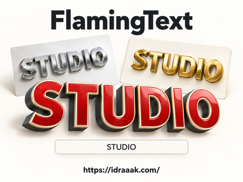 اسم FlamingText وكلمة STUDIO بتأثيرات مجسمة حمراء وذهبية وفضية