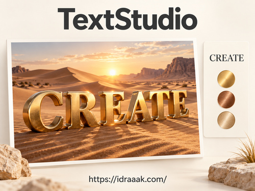 اسم TextStudio فوق كتابة CREATE مجسمة باللون الذهبي على خلفية صحراوية