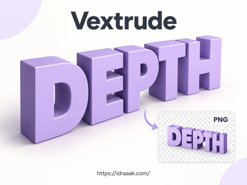 اسم Vextrude وكلمة DEPTH بحروف ذات عمق مع تمثيل لتصدير النص الشفاف