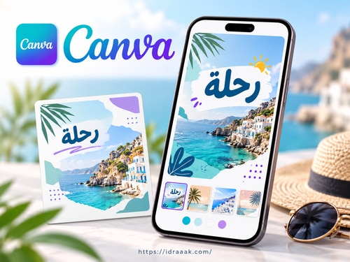 قالب منشور رحلة بصورة ساحلية على الهاتف مع هوية Canva