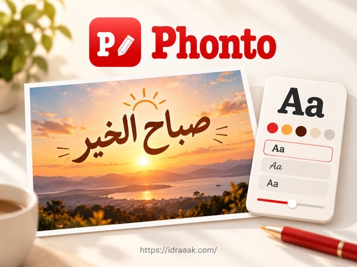 عبارة صباح الخير على صورة شروق مع خيارات الخط واللون وهوية Phonto