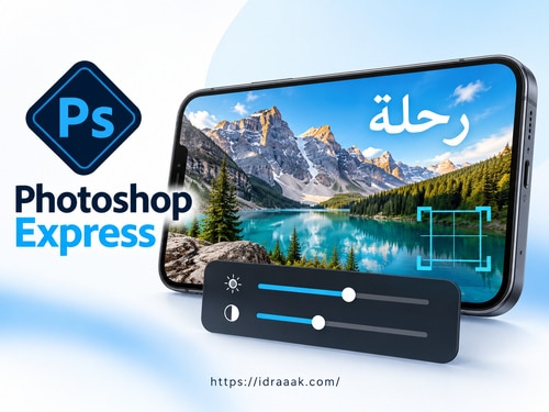 صورة جبال وبحيرة مع نص رحلة وعناصر ضبط الإضاءة والقص باسم Photoshop Express