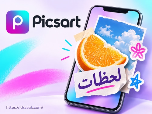 كولاج برتقال وسماء وملصقات وعبارة لحظات مع هوية Picsart