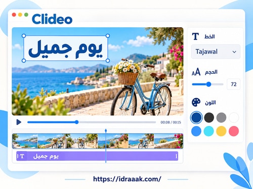 Clideo يعرض عبارة يوم جميل فوق مشهد دراجة مع خيارات النص ومسار التوقيت