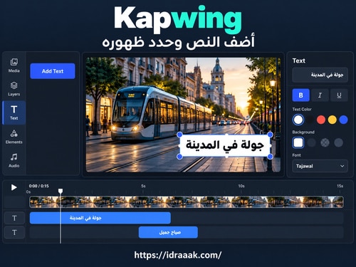 واجهة توضيحية لـ Kapwing تعرض نصًا عربيًا فوق فيديو ترام مع خيارات تنسيق ومسارات النص