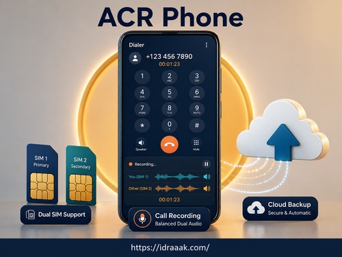 واجهة ⁦‪ACR Phone‬⁩ مع تسجيل المكالمات ودعم شريحتي ⁦‪SIM‬⁩ والنسخ السحابي
