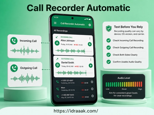 تطبيق ⁦‪Call Recorder Automatic‬⁩ لتسجيل المكالمات الواردة والصادرة واختبار الصوت