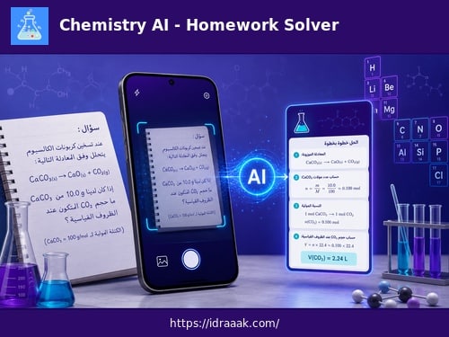 تطبيق Chemistry AI Homework Solver لتصوير مسألة كيمياء وعرض الحل بالذكاء الاصطناعي
الوصف: تصوير سؤال الكيمياء وتحليله مع عرض خطوات الحل.
