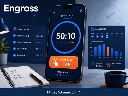 تطبيق Engross مؤقت للدراسة مع تسجيل المشتتات وخطة المهام والإحصائيات