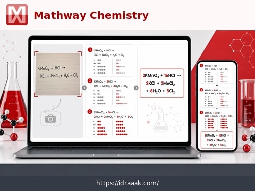 برنامج حل مسائل الكيمياء Mathway من صورة مع عرض خطوات موازنة المعادلة
الوصف: إدخال المسألة أو تصويرها ثم متابعة خطوات الوصول إلى المعادلة الموزونة.