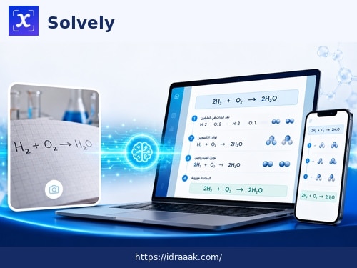 واجهة توضيحية لبرنامج حل مسائل الكيمياء Solvely وتحويل صورة السؤال إلى خطوات موازنة المعادلة
الوصف: يحول Solvely صورة المسألة الكيميائية إلى حل منظم بالخطوات.