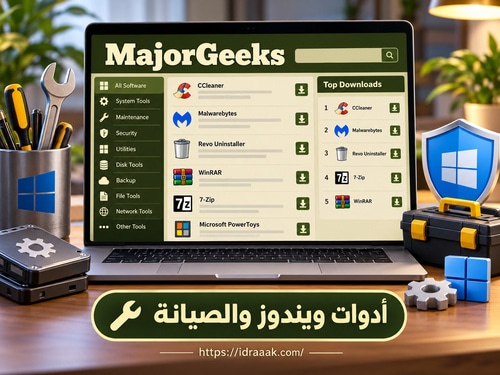 واجهة MajorGeeks تعرض فئات أدوات ويندوز وقائمة التنزيلات