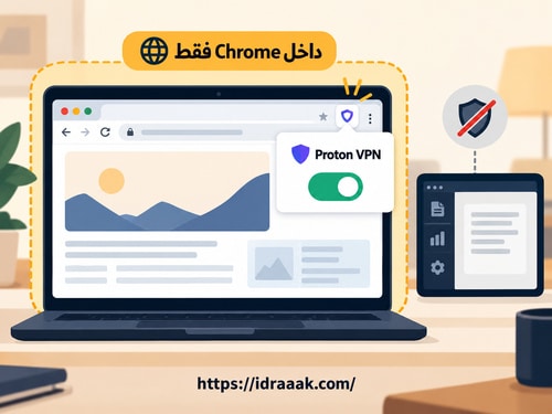 رسم توضيحي لإضافة Proton VPN داخل Chrome وحدود تغطيتها للمتصفح