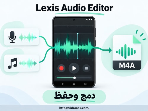 تصور توضيحي لإضافة موسيقى إلى تسجيل صوتي في Lexis وحفظ الناتج بصيغة M4A